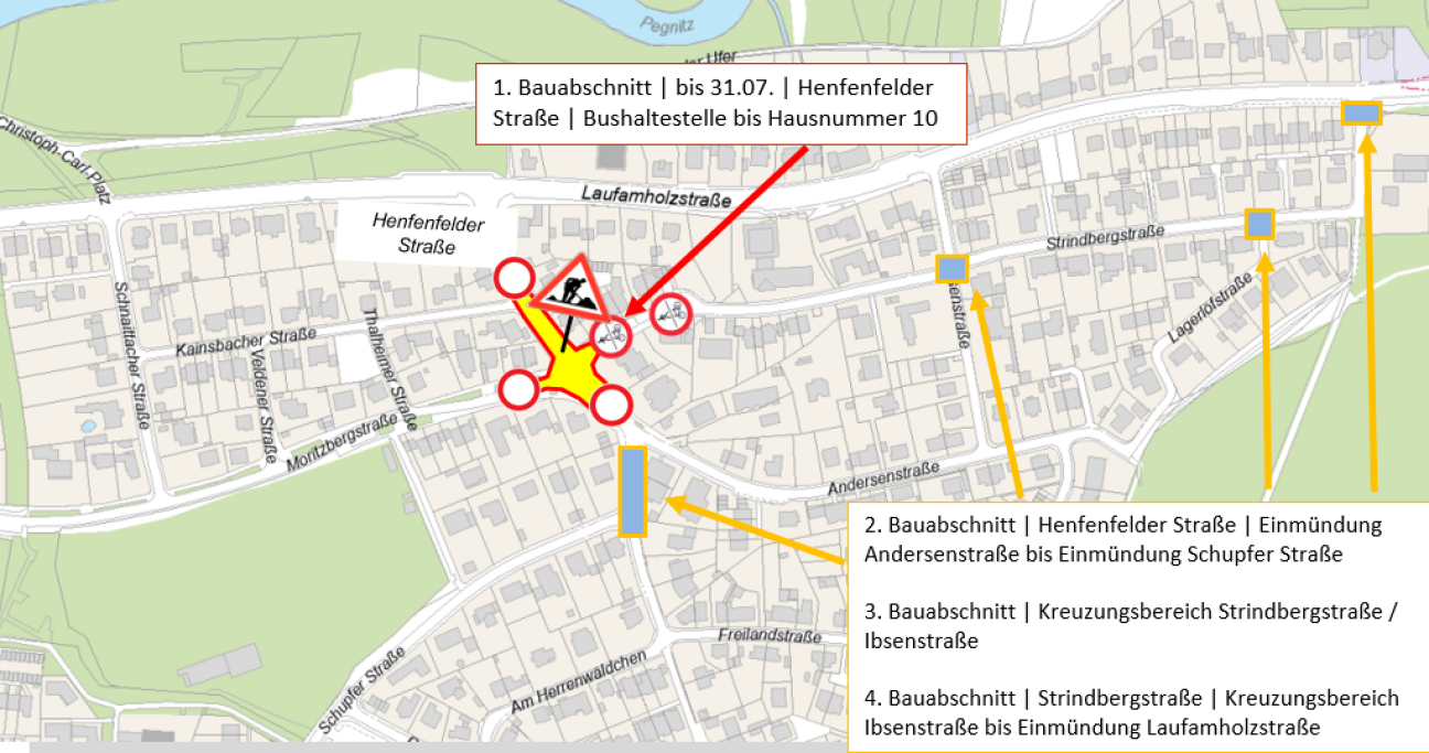 Bild © © Stadt Nürnberg, Geo und © Bayerische Vermessungsverwaltung Strindbergstraße Bauabschnitte Fahrradstrasse, Bild © © Stadt Nürnberg, Geo und © Bayerische Vermessungsverwaltung