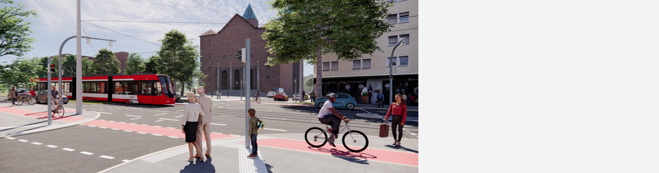 Allersberger Straße: Visualisierung des Bereichs im Umfeld des Südstadtbades und der Gustav-Adolf-Straße, Bild © Caroline Autherid / VAG Verkehrs-Aktiengesellschaft