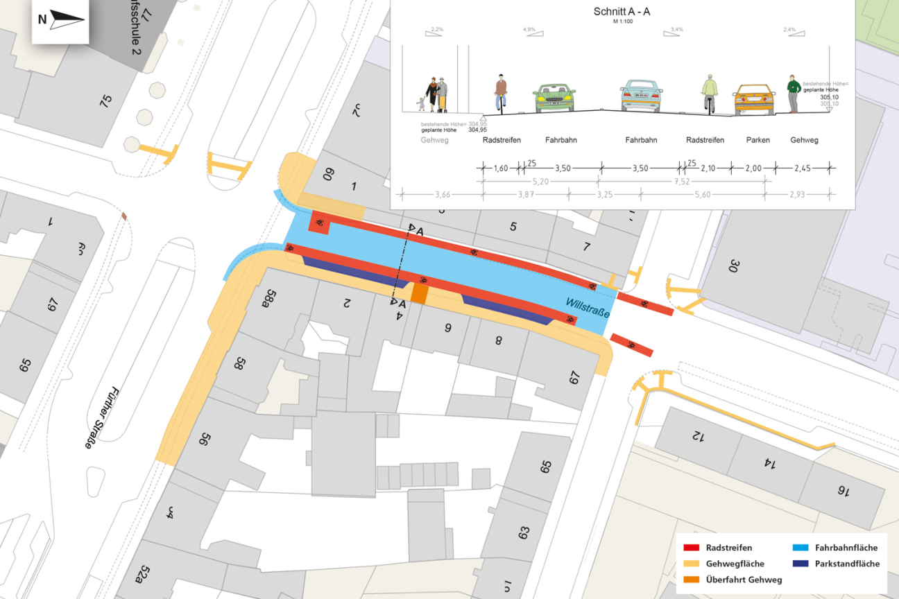 Umbau der Willstraße - Planung, Bild © Geobasisdaten: © Stadt Nürnberg, Geo und © Bayerische Vermessungsverwaltung | Darstellung der Flurkarte als Eigentumsnachweis nicht geeignet.