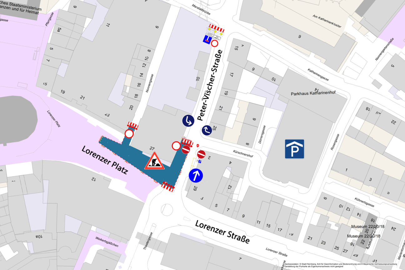 Bild © Geobasisdaten: © Stadt Nürnberg, Geo und © Bayerische Vermessungsverwaltung | Darstellung der Flurkarte als Eigentumsnachweis nicht geeignet. Lorenzer Platz - Baustellenkarte - Einbahnstraßenregelung in der Peter-Vischer-Straße, Bild © Geobasisdaten: © Stadt Nürnberg, Geo und © Bayerische Vermessungsverwaltung | Darstellung der Flurkarte als Eigentumsnachweis nicht geeignet.