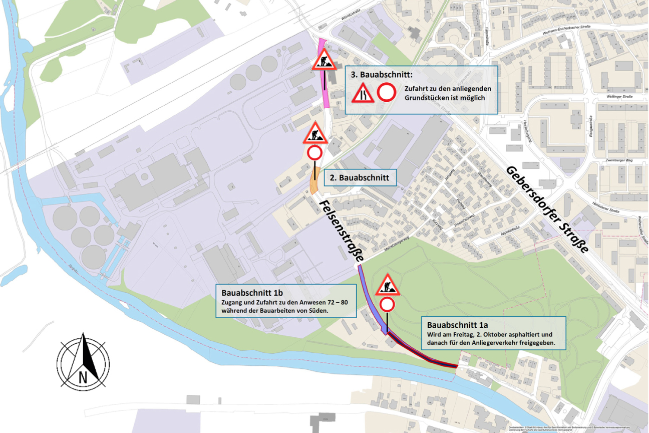Felsenstraße Baustellenkarte, Bild © Stadt Nürnberg, Geo und © Bayerische Vermessungsverwaltung | Darstellung der Flurkarte als Eigentumsnachweis nicht geeignet.