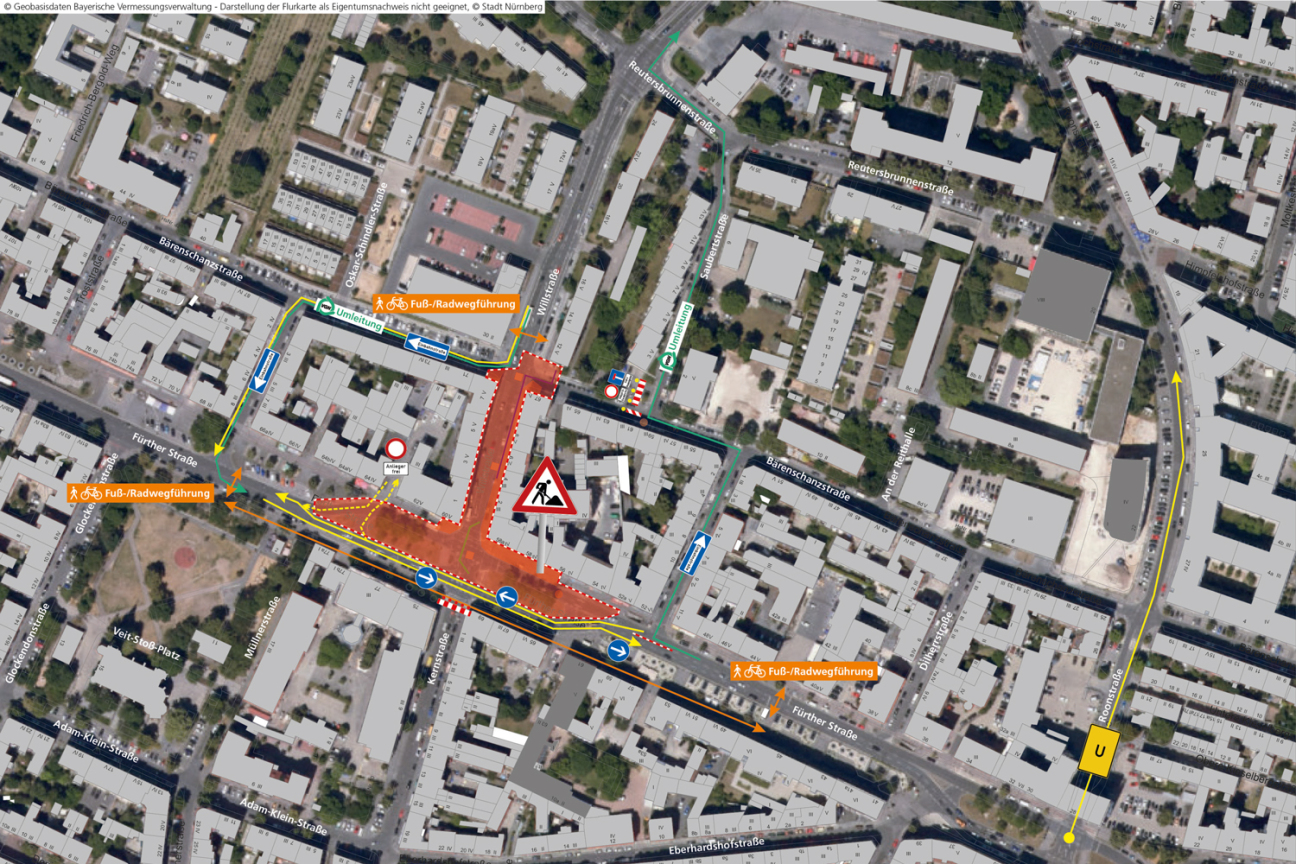 Willstraße - Fürther Straße: Baustelle: März bis Dezember 2026 | Bauphase 1, Bild © Geobasisdaten: © Stadt Nürnberg, Geo und © Bayerische Vermessungsverwaltung | Darstellung der Flurkarte als Eigentumsnachweis nicht geeignet.