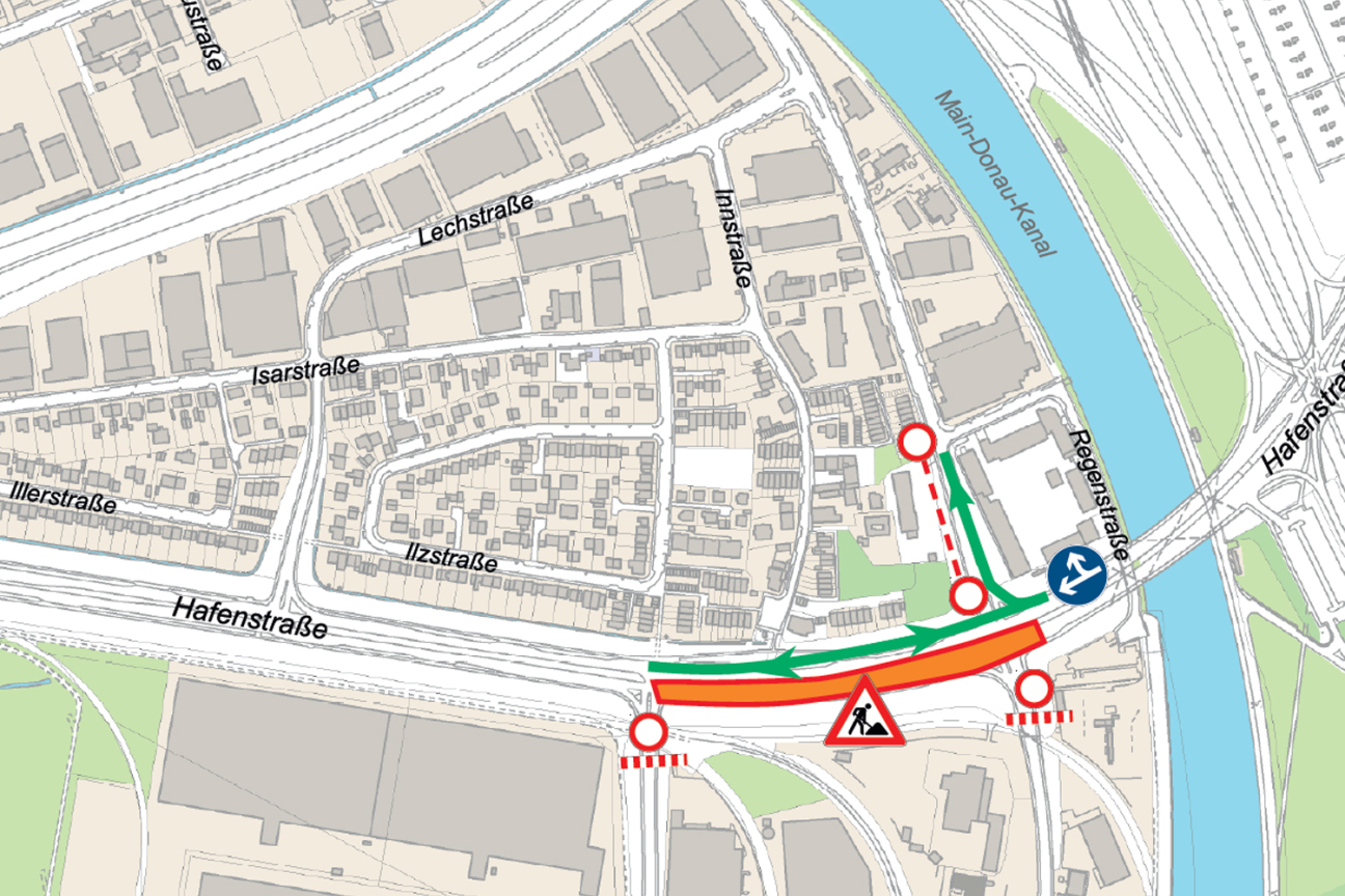 Bild © SÖR / Geobasisdaten: © Stadt Nürnberg, Geo und © Bayerische Vermessungsverwaltung. Darstellung der Flurkarte als Eigentumsnachweis nicht geeignet. Fahrbahnsanierung in der Hafenstraße, BA2: Der Verkehr wird einspurig am Baufeld vorbeigeführt; Sperrung der Einmündungen im Umfeld, Bild © SÖR / Geobasisdaten: © Stadt Nürnberg, Geo und © Bayerische Vermessungsverwaltung. Darstellung der Flurkarte als Eigentumsnachweis nicht geeignet.