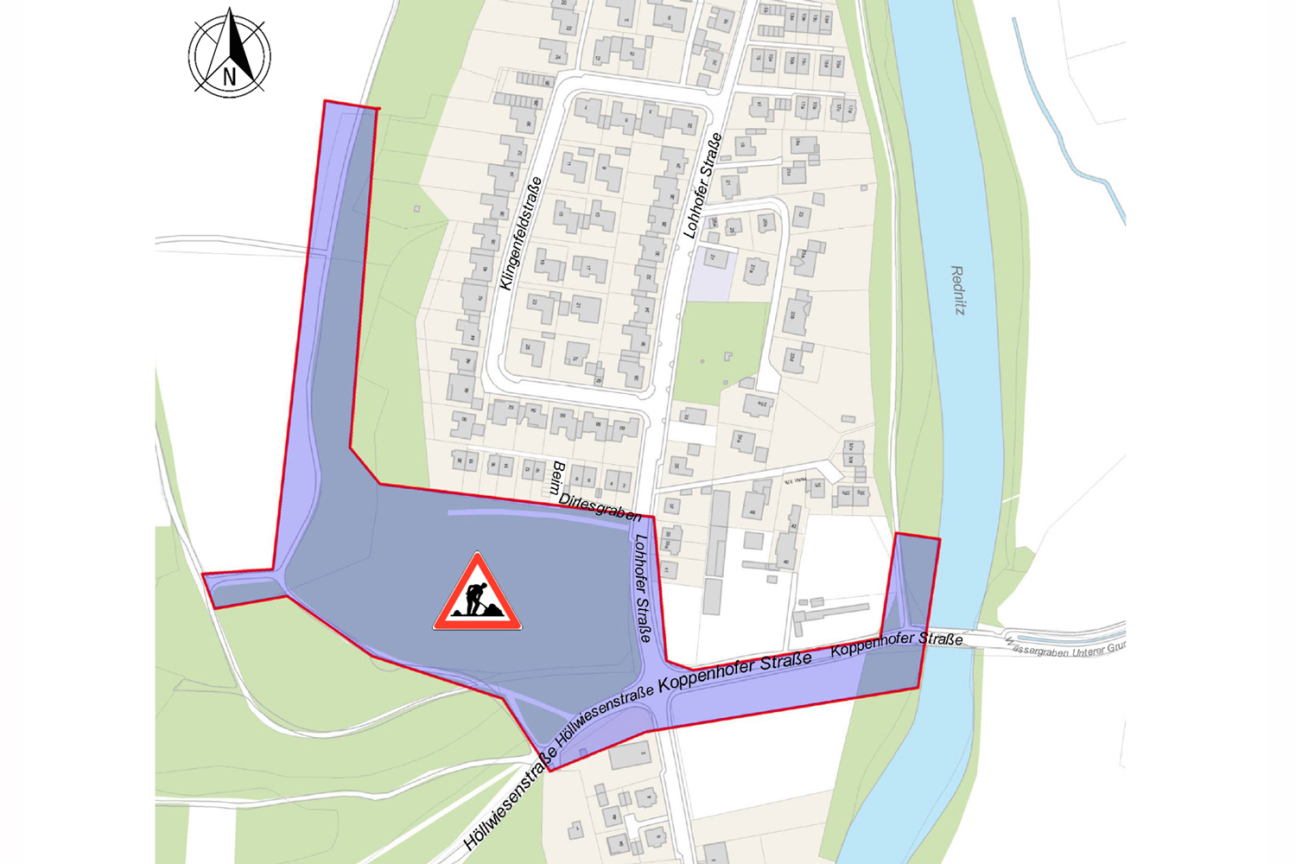 Baustellenkarte Koppenhofer Straße in Reichelsdorf, Bild © © Stadt Nürnberg, Geo und © Bayerische Vermessungsverwaltung | Darstellung der Flurkarte als Eigentumsnachweis nicht geeignet.