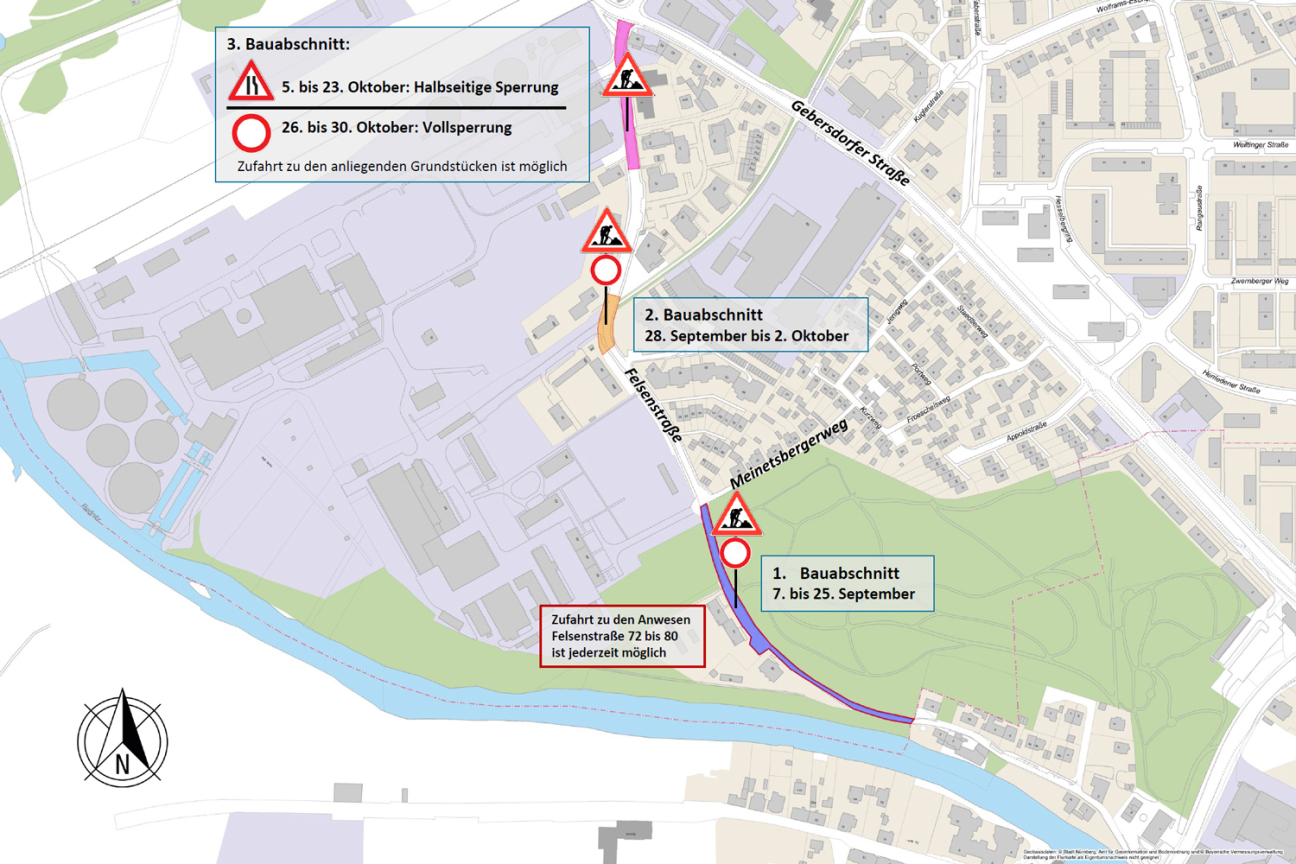Felsenstraße wird zur Fahrradstraße umgebaut | 7. September bis 30. Oktober 2026, Bild © Stadt Nürnberg, Geo und © Bayerische Vermessungsverwaltung | Darstellung der Flurkarte als Eigentumsnachweis nicht geeignet.