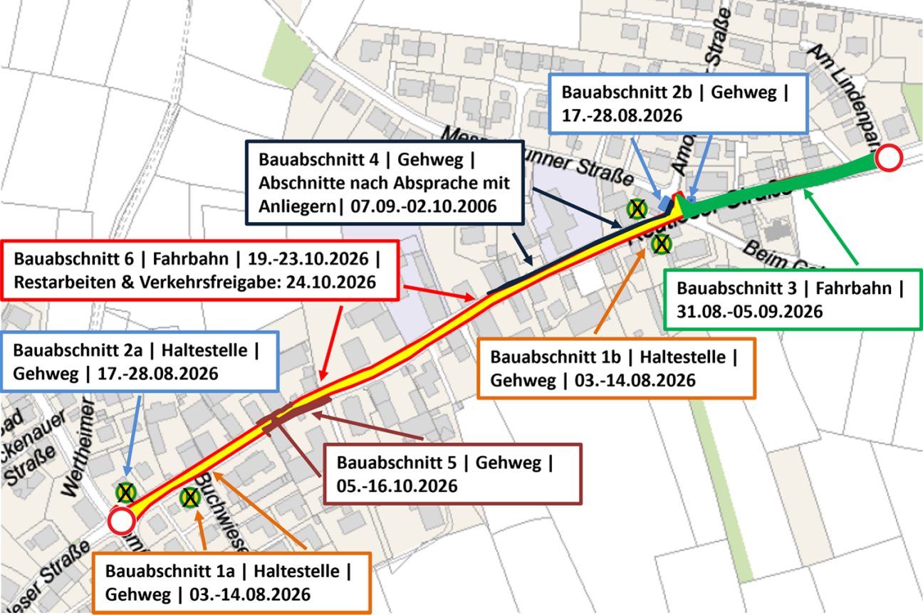 Reutleser Straße | Fahrbahnsanierung | Bushaltestellen | Gehwege | 03.08.-24.10. 2026, Bild © SÖR / Geobasisdaten: © Stadt Nürnberg, Geo und © Bayerische Vermessungsverwaltung. Darstellung der Flurkarte als Eigentumsnachweis nicht geeignet.