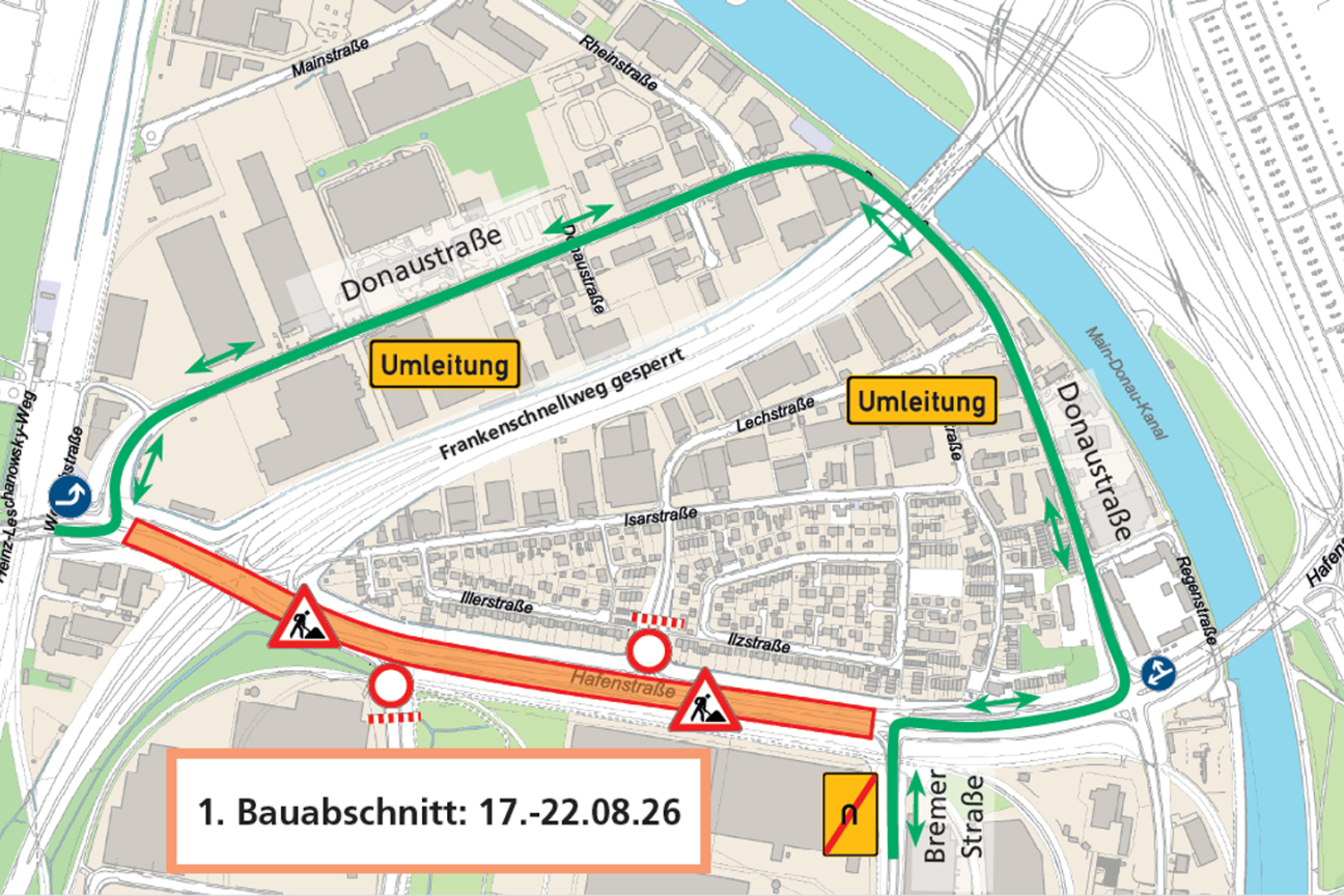 Bild © SÖR / Geobasisdaten: © Stadt Nürnberg, Geo und © Bayerische Vermessungsverwaltung. Darstellung der Flurkarte als Eigentumsnachweis nicht geeignet. Fahrbahnsanierung in der Hafenstraße: Sperrung zwischen Bremer Straße und westlicher Donaustraße; Umleitung im ersten Bauabschnitt über die Donaustraße bzw. über Bremer / Koper / Hamburger Straße, Bild © SÖR / Geobasisdaten: © Stadt Nürnberg, Geo und © Bayerische Vermessungsverwaltung. Darstellung der Flurkarte als Eigentumsnachweis nicht geeignet.