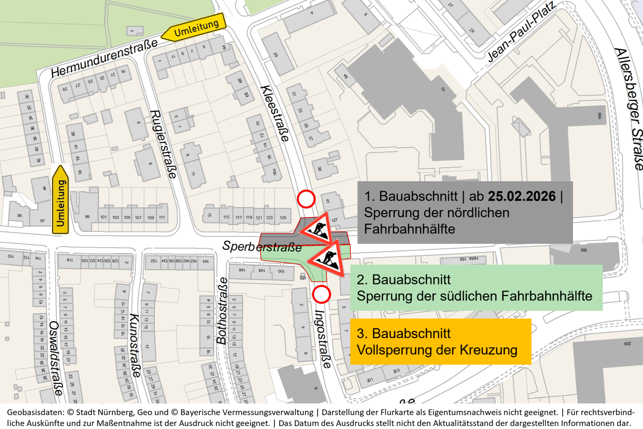 SÖR setzt am Mittwoch, 25. Februar 2026, die Bauarbeiten in der Kleestraße an der Kreuzung zur Sperberstraße fort. Sör saniert dort die Fahrbahn und legt vier neue Baumscheiben an. Ziel ist es, die Verkehrssicherheit zu erhöhen und die Kleestraße als Fahrradstraße weiter auszubauen.
