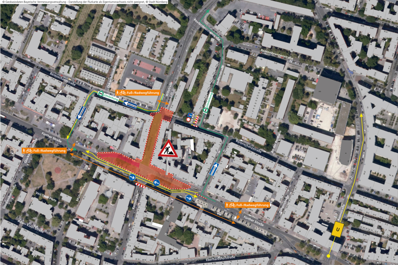 Willstraße - Fürther Straße: Baustelle: März bis Dezember 2026 | Bauphase 2, Bild © Geobasisdaten: © Stadt Nürnberg, Geo und © Bayerische Vermessungsverwaltung | Darstellung der Flurkarte als Eigentumsnachweis nicht geeignet.