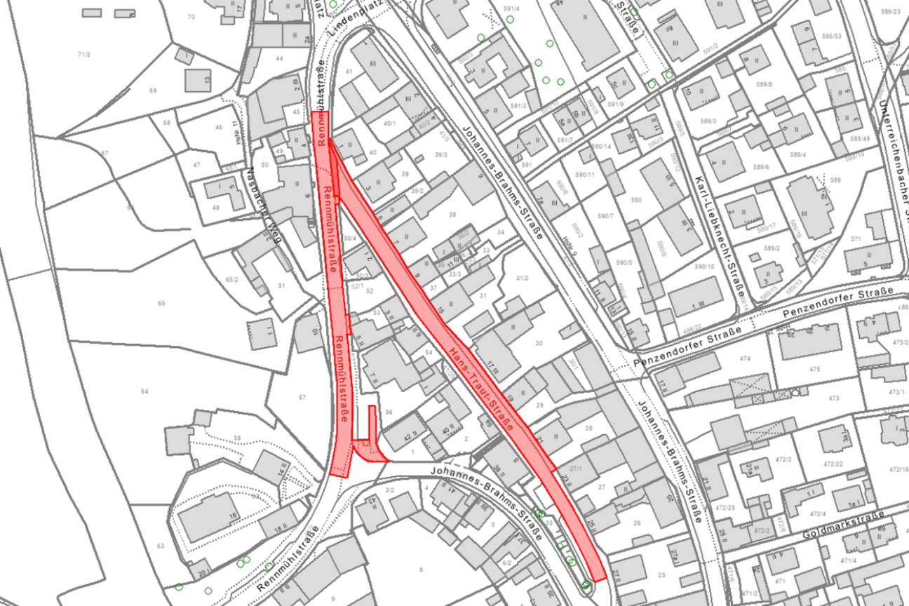 Bild © SÖR / Geobasisdaten: © Stadt Nürnberg, Geo und © Bayerische Vermessungsverwaltung | Darstellung der Flurkarte als Eigentumsnachweis nicht geeignet. Sperrung der Rennmühlstraße und der Hans-Traut-Straße wegen Arbeiten an der Wasserleitung und Fahrbahnsanierung im Juli., Bild © SÖR / Geobasisdaten: © Stadt Nürnberg, Geo und © Bayerische Vermessungsverwaltung | Darstellung der Flurkarte als Eigentumsnachweis nicht geeignet.