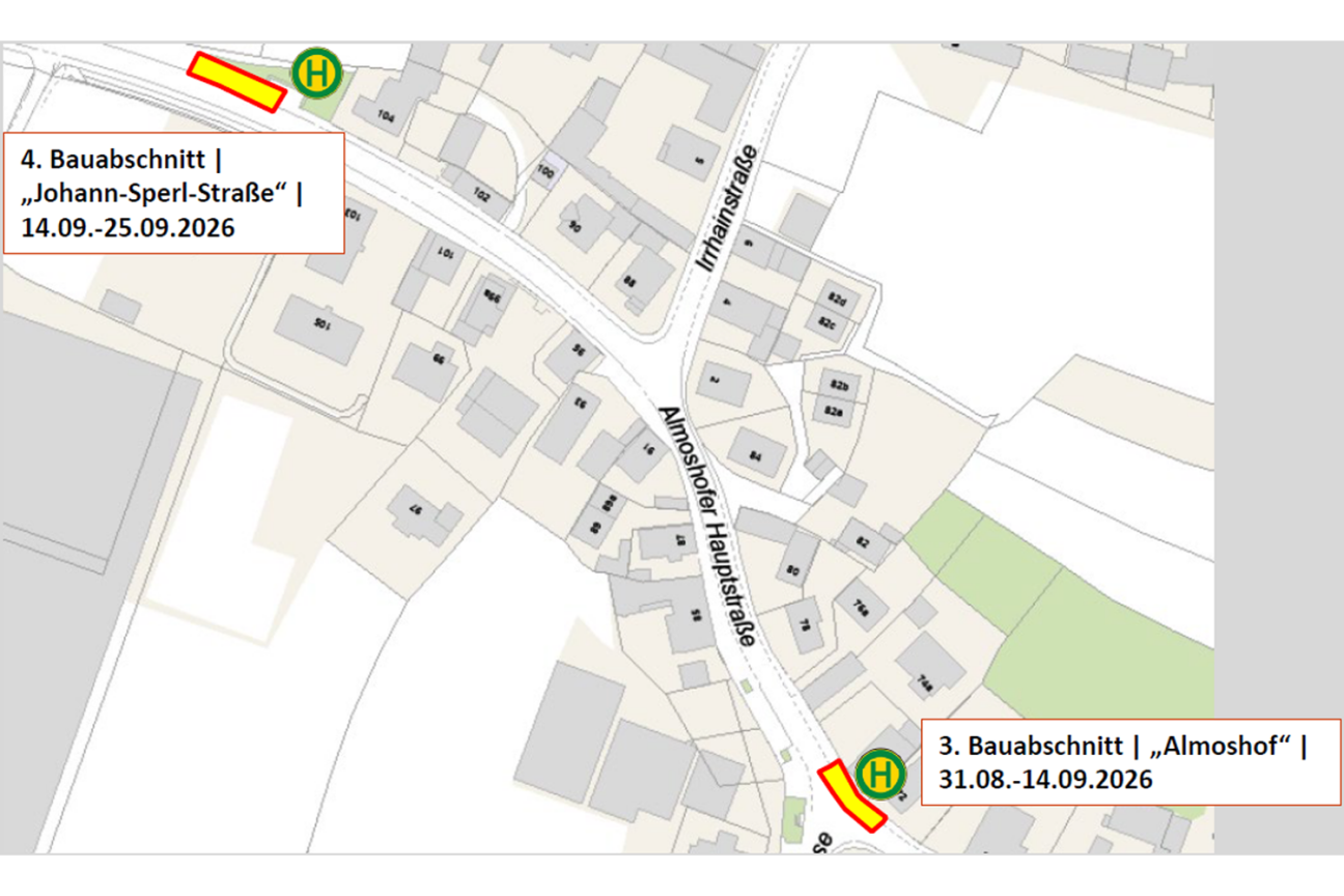 Bild © SÖR / Geobasisdaten: © Stadt Nürnberg, Geo und © Bayerische Vermessungsverwaltung. Darstellung der Flurkarte als Eigentumsnachweis nicht geeignet. Almoshofer Hauptstraße BA3 und BA4: barrierefreier Umbau der Haltestellen "Almoshof" und "Johann-Sperl-Straße", Bild © SÖR / Geobasisdaten: © Stadt Nürnberg, Geo und © Bayerische Vermessungsverwaltung. Darstellung der Flurkarte als Eigentumsnachweis nicht geeignet.