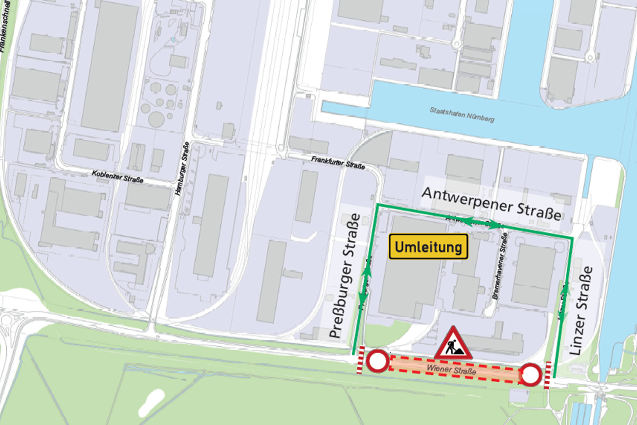Bild © SÖR / Geobasisdaten: © Stadt Nürnberg, Geo und © Bayerische Vermessungsverwaltung. Darstellung der Flurkarte als Eigentumsnachweis nicht geeignet. Fahrbahnsanierung in Hafenstraße und Wiener Straße: BA3, Sperrung Wiener Straße, Umleitung über Linzer / Antwerpener / Preßburger Straße, Bild © SÖR / Geobasisdaten: © Stadt Nürnberg, Geo und © Bayerische Vermessungsverwaltung. Darstellung der Flurkarte als Eigentumsnachweis nicht geeignet.