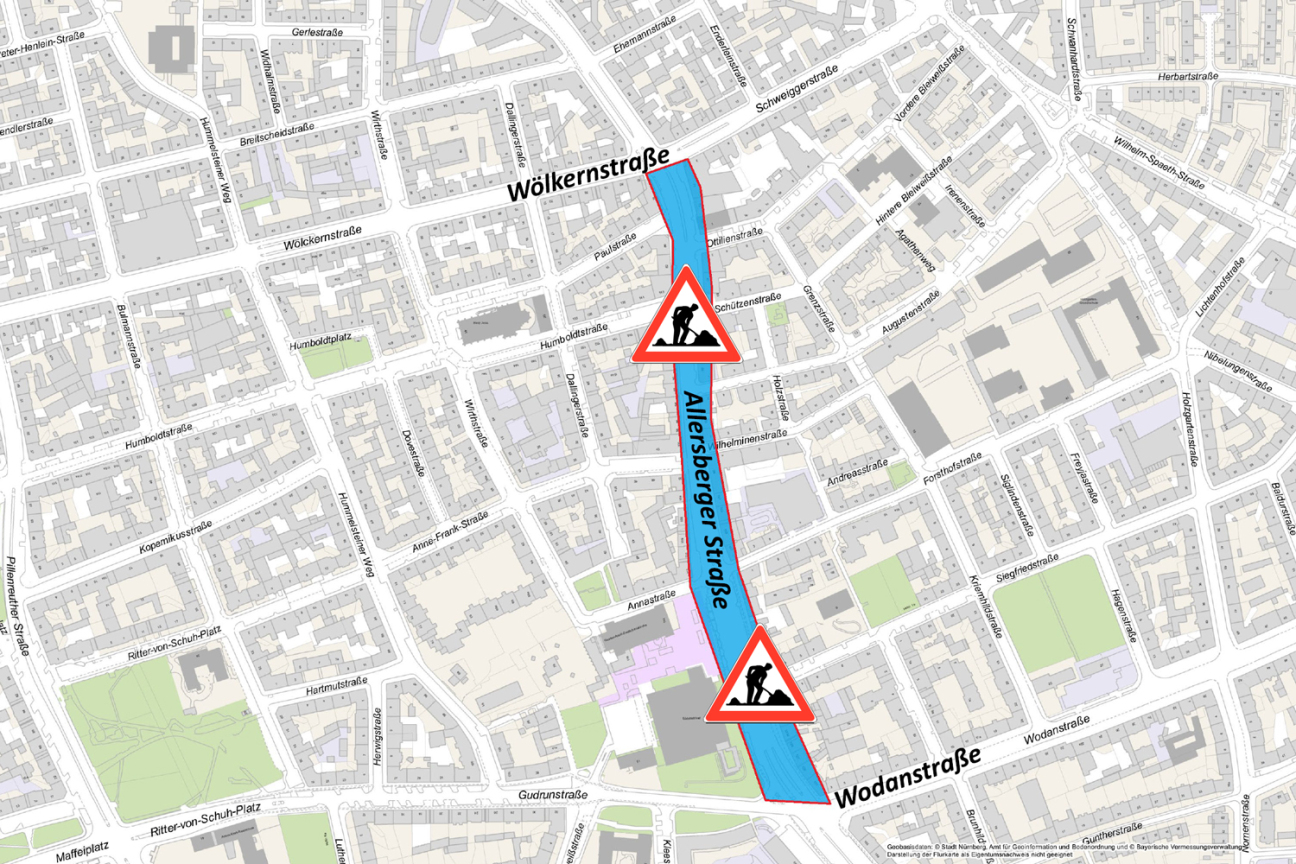 Baufeld der Allersberger Straße zwischen Wölkernstraße und Wodanstraße, Bild © Geobasisdaten: © Stadt Nürnberg, Geo und © Bayerische Vermessungsverwaltung | Darstellung der Flurkarte als Eigentumsnachweis nicht geeignet.