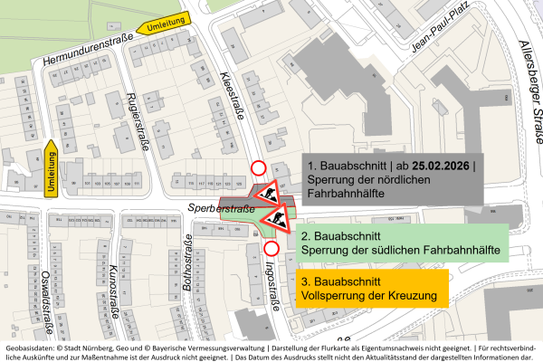 SÖR setzt am Mittwoch, 25. Februar 2026, die Bauarbeiten in der Kleestraße an der Kreuzung zur Sperberstraße fort. Sör saniert dort die Fahrbahn und legt vier neue Baumscheiben an. Ziel ist es, die Verkehrssicherheit zu erhöhen und die Kleestraße als Fahrradstraße weiter auszubauen.