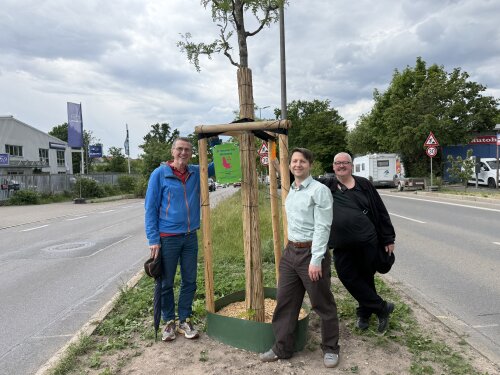 © Kathrin Lehnerer / SÖR / Stadt Nürnberg : Kunstkäufer Peter Müller-Hillebrandt, Sör-Stadtbaummanager Florian Demling, Künstler Karsten Neumann am Spendenbaum (v.l.n.r.) © Kathrin Lehnerer / SÖR / Stadt Nürnberg