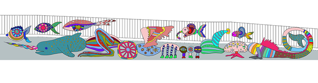 Wandinstallation: Narwal mit Farbe, Bild © Petra Krischke / Stadt Nürnberg