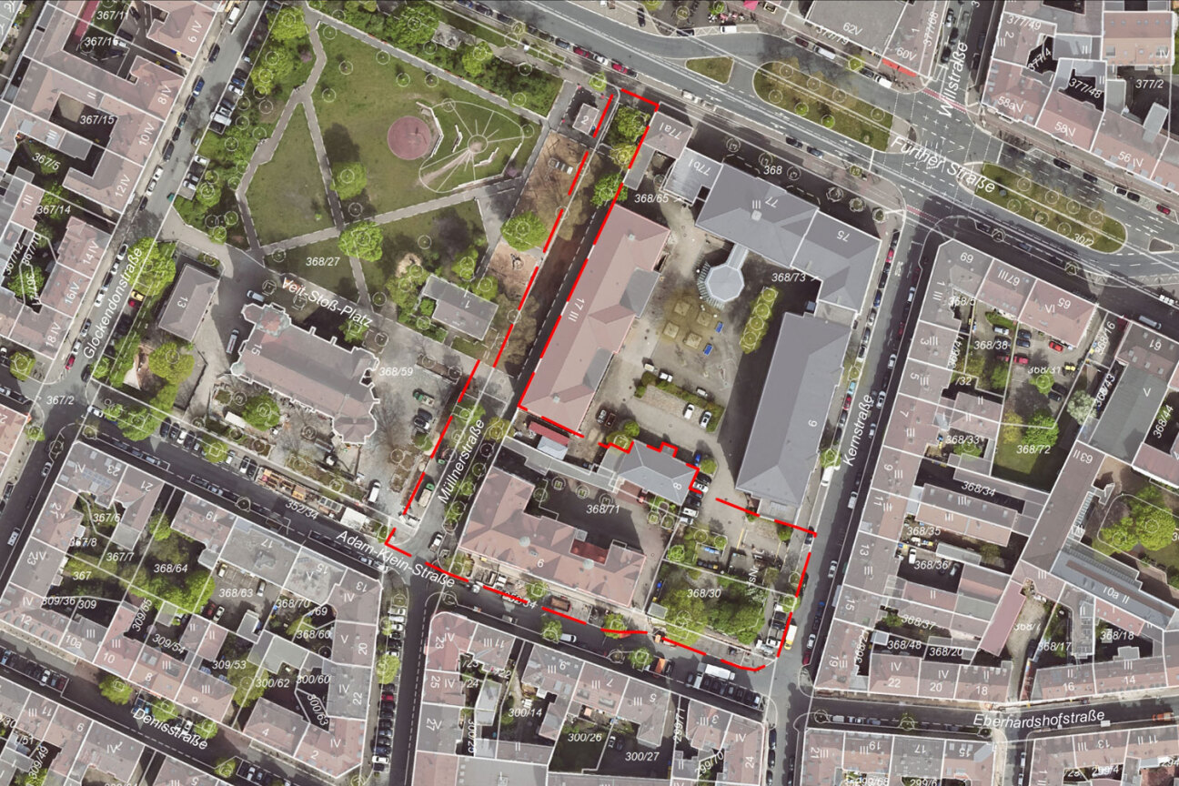 Nachbarschaftshaus Gostenhof, Bild © Geobasisdaten: © Stadt Nürnberg, Amt für Geoinformation und Bodenordnung und © Bayerische Vermessungsverwaltung