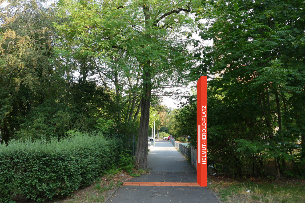 Helmut-Herold-Platz Eingang mit Stele, Bild © riede Landschaftsarchitektur / Stadt Nürnberg