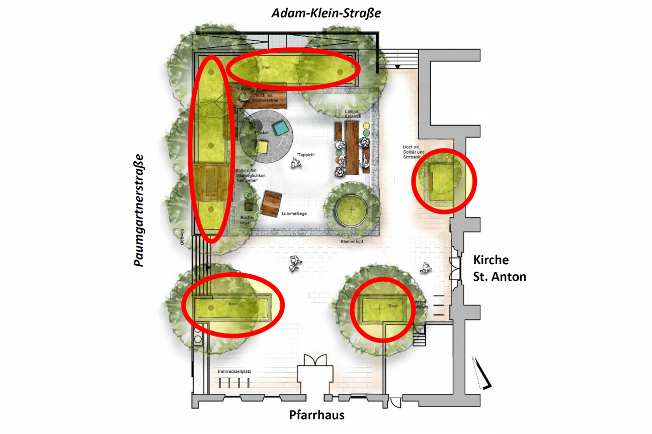 Pocket Park St. Anton Orientierungsplan Pflanzbeete