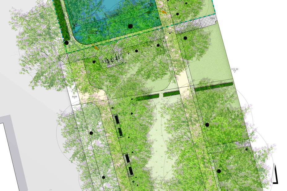 Grünanlage und Parkplatzzufahrt, Bild © riede landschaftsarchitektur / SÖR / Stadt Nürnberg
