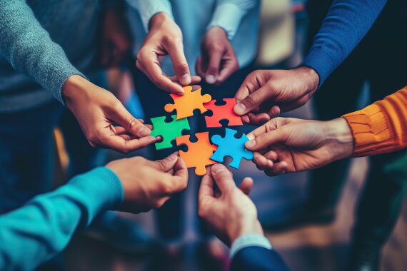 Teamwork of partners. concept of integration and startup with puzzle pieces. Generative AI