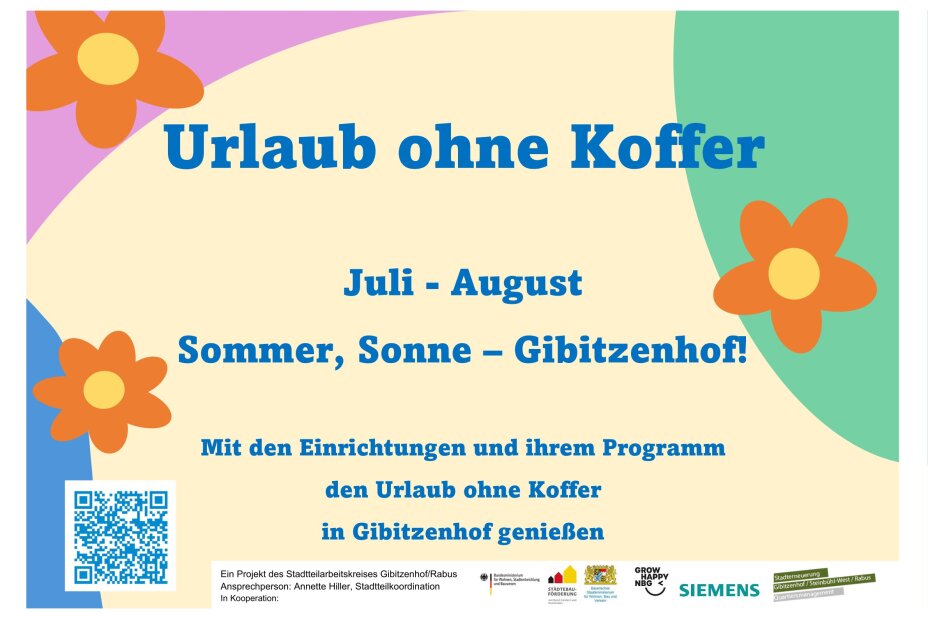 Plakat mit QR-Code für das Projekt Urlaub ohne Koffer, Bild © Quartiersmanagement Gibitzenhof