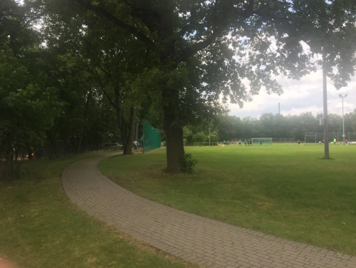 Geschwungener gepflasterter Weg führt an Bäumen vorbei zu einem Fußballplatz mit Spielern und Toren im Hintergrund.