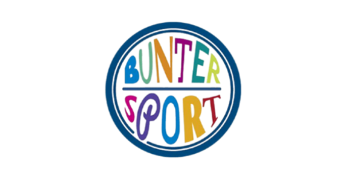 Rundes Logo mit blauem Rand und der Aufschrift „BUNTER SPORT“ in bunten, verspielten Buchstaben auf weißem Hintergrund.