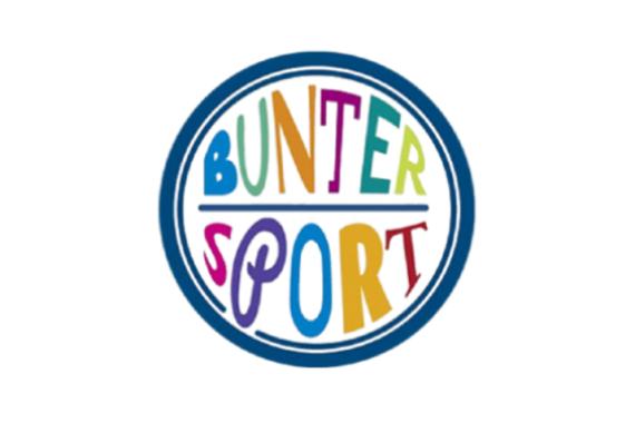 Rundes Logo mit blauem Rand und der Aufschrift „BUNTER SPORT“ in bunten, verspielten Buchstaben auf weißem Hintergrund.
