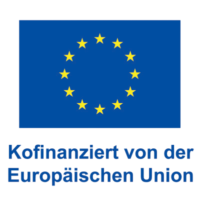 Das Logo der EU. 12 gelbe Sterne, die kreisförmig auf einem blauen Hintergrund angeordnet sind. Darunter in blauer Schrift: Kofinanziert von der Europäischen Union.