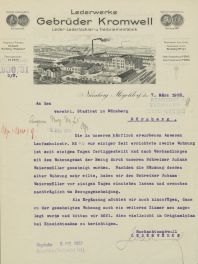 Briefpapier mit grafischem Briefkopf der Lederwerke Gebrüder Kromwell, ehem. Laufamholzstr. 38 (Stadtarchiv Nürnberg A 108 Nr. 38)