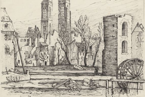 Die Sebalduskirche im zerstörten Nürnberg, Zeichnung von Paul Speiser