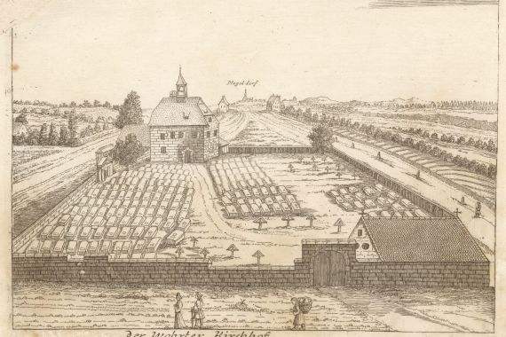 Der Wöhrder Friedhof Anfang des 18. Jahrhunderts, Kupferstich von A. Boener (Stadtarchiv Nürnberg E 13/II Nr. 137)