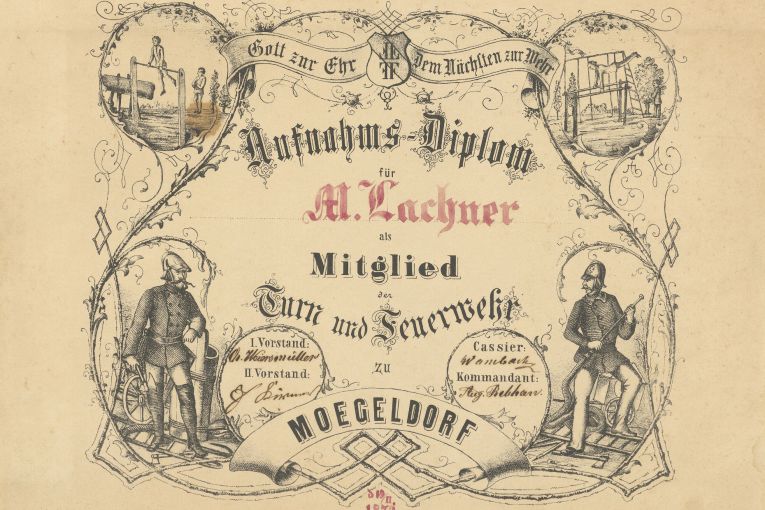 Illustriertes Aufnahmediplom der Turn- und Feuerwehr zu Mögeldorf, 1872 (Stadtarchiv Nürnberg A 108 Nr. 326)