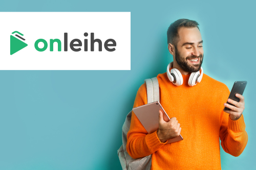 Mann mit digitalen Geräten und Logo Onleihe 3 © Mix and Match Studio / AdobeStock