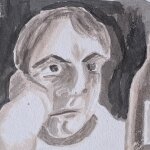 Das Bild zeigt eine Zeichnung von einem mann auf einem Bierfilz.