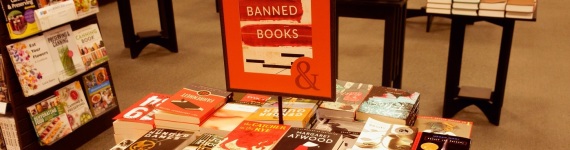 Table of banned books for sale at Barnes and Noble Book Sellers. St Paul Minnesota MN USA