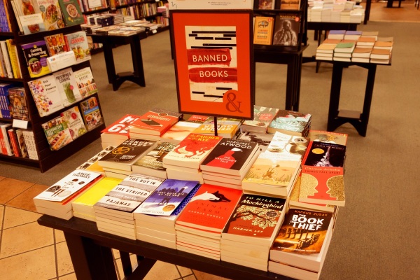 Table of banned books for sale at Barnes and Noble Book Sellers. St Paul Minnesota MN USA