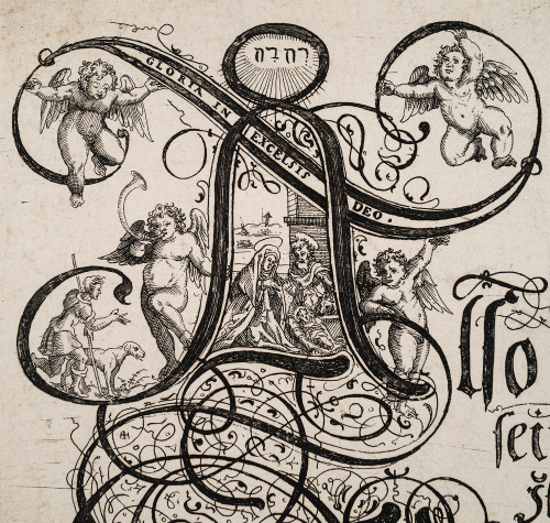 Versal A mit Geburt Christi und Verkündigung an die Hirten, Detail aus Caspar Mannich: Summa deß Evangelij, Nürnberg, um 1623 (Grafikkasten Schreibmeisterblätter)