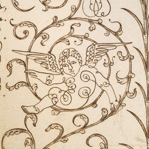 Schnörkelfigur, Detail aus Johann Christoph Albrecht: Stundenschlagtafel, Nürnberg, um 1769 (Grafikkasten Schreibmeisterblätter)