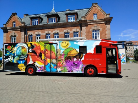 Das Bild zeigt einen Bücher∙bus von der Stadt∙bibliothek Nürnberg. Der Bus ist sehr bunt. Der Bus ist mit Figuren aus Kinder∙büchern bemalt.