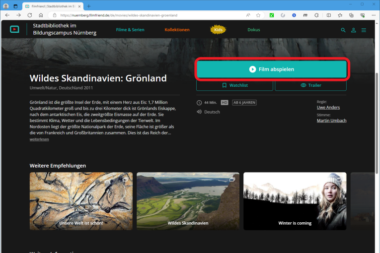 Im Hintergrund vom Bild sind Eis·berge. Links im Vordergrund vom Bild steht der Film·titel: Wildes Skandinavien: Grönland. Darunter steht die Film·beschreibung. Rechts neben dem Film·titel steht in einem blauen Feld: Film abspielen. Das blaue Feld ist mit einem roten Rahmen markiert.