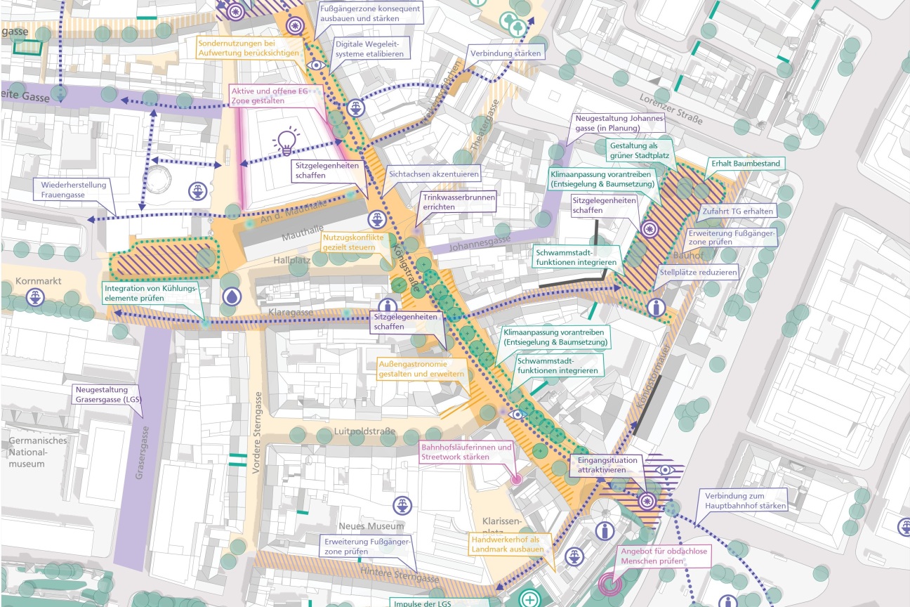 Der Fokusraum Königstraße und Umfeld bildet den zentralen Eingangsbereich zur historischen Altstadt. Ziel ist es daher, gerade hier Handel, Gastronomie und Aufenthaltsqualität im Erlebnisraum Altstadt bestmöglich miteinander zu verbinden.