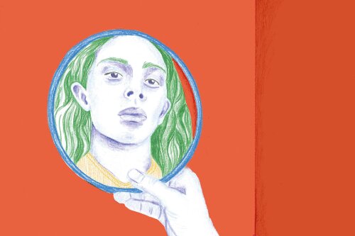 Zeichnung einer Hand die einen Spiegel hält in dem sich ein Gesicht spiegelt