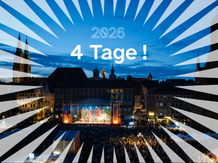 Bild © Stadtgrafik / Elisabeth Dötzer unter Verwendung eines Fotos von Uwe Niklas Grafik mit einem Foto: Das Foto ist vom Barden·treffen. Darüber steht die Zahl 2026 und 4 Tage mit einem Ausrufe·zeichen., Bild © Stadtgrafik / Elisabeth Dötzer unter Verwendung eines Fotos von Uwe Niklas
