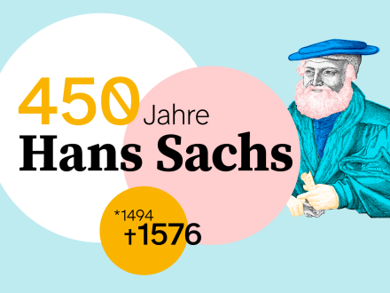 Bild © Stadtgrafik / Elisabeth Dötzer unter Verwendung der Vorlage A 7/I Nr. 2499, Stadtarchiv Nürnberg (Ausschnitt) Grafik: Rechts ist Hans Sachs. Links daneben steht: 450 Jahre Hans Sachs, geboren 1494, gestorben 1576., Bild © Stadtgrafik / Elisabeth Dötzer unter Verwendung der Vorlage A 7/I Nr. 2499, Stadtarchiv Nürnberg (Ausschnitt)