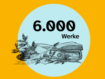 Bild © Stadtgrafik / Elisabeth Dötzer unter Verwendung der Vorlage A 7/I Nr. 2499, Stadtarchiv Nürnberg (Ausschnitt) Grafik: Ein gelber Hintergrund und ein hell·blauer Kreis. In dem Kreis steht: 6.000 Werke. Unter der Schrift sind aufgeschlagene Bücher, 1 Papier·rolle und 1 Schreib·feder., Bild © Stadtgrafik / Elisabeth Dötzer unter Verwendung der Vorlage A 7/I Nr. 2499, Stadtarchiv Nürnberg (Ausschnitt)