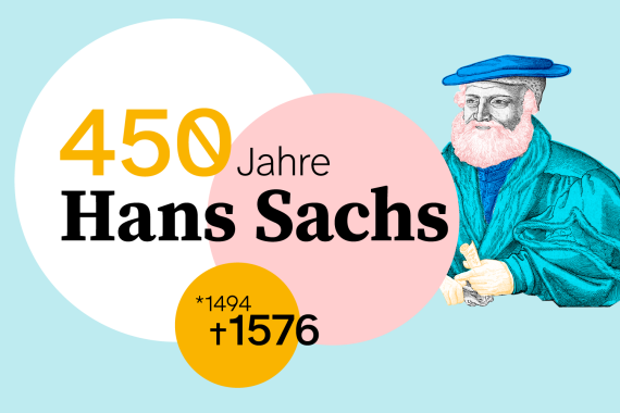 Grafik: Rechts ist Hans Sachs. Links daneben steht: 450 Jahre Hans Sachs, geboren 1494, gestorben 1576.