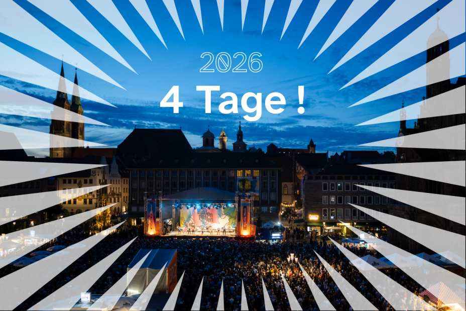 Grafik mit einem Foto des Musikfestivals Bardentreffen. Darüber Jahreszahl 2026 und 4 Tage mit Ausrufezeichen., Bild © Stadtgrafik / Elisabeth Dötzer unter Verwendung eines Fotos von Uwe Niklas