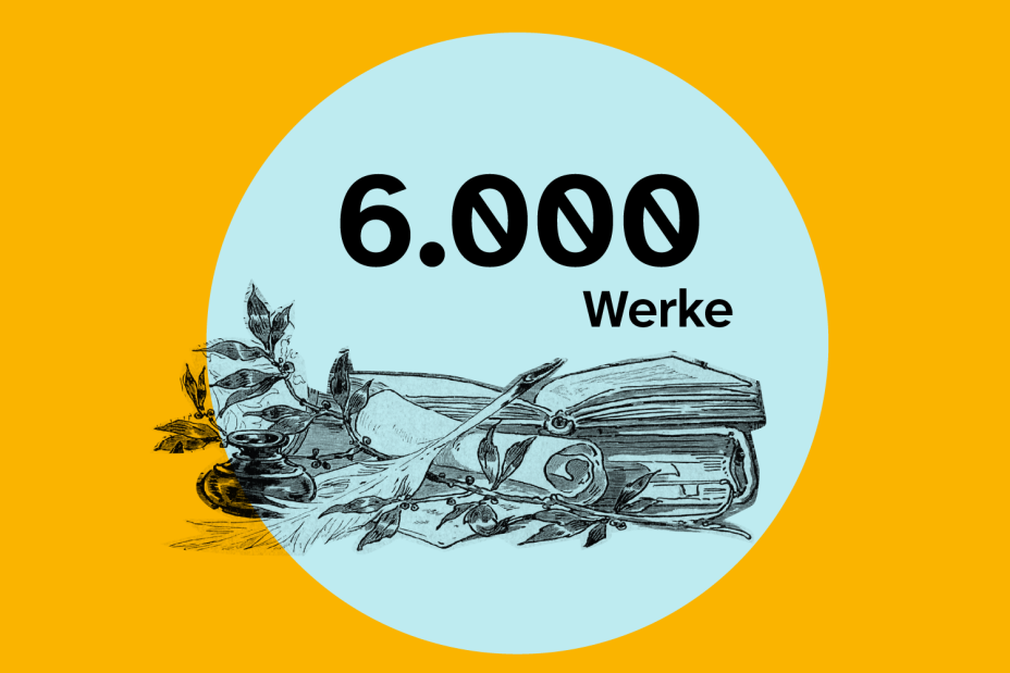 Grafik: aufgeschlagene Bücher, Papierrolle und  Schreibfeder. Darüber: Schriftzug 6.000 Meisterwerke., Bild © Stadtgrafik / Elisabeth Dötzer unter Verwendung der Vorlage A 7/I Nr. 2499, Stadtarchiv Nürnberg (Ausschnitt)